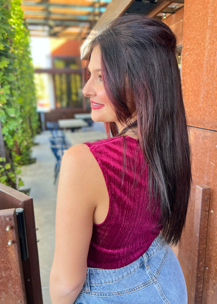 In The Spotlight Burgundy Velvet Sleeveless Bodysuit