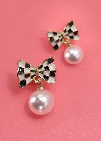 Checker Bow Pearl Drop Earrings