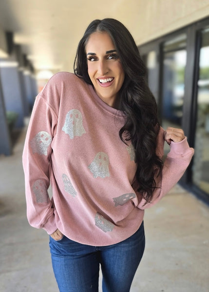 Hey Boo Halloween Ghost Corded Pink Sweatshirt