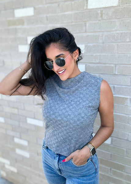 Must Have Sleeveless Mock Neck Grey Knit Top - SMALL