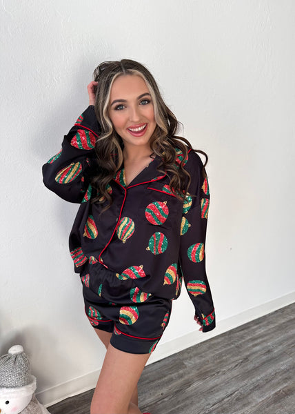 Christmas Ornament Satin Black Pajama Set