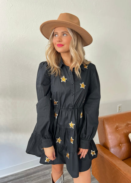 Reach For the Stars Long Sleeve Black Mini Dress