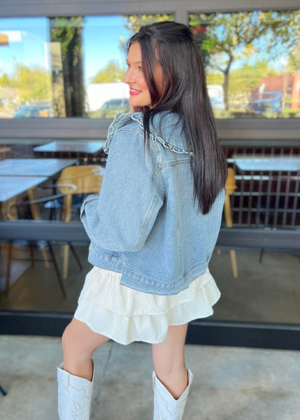 Little Bit Extra Denim Ruffle Collared Jacket