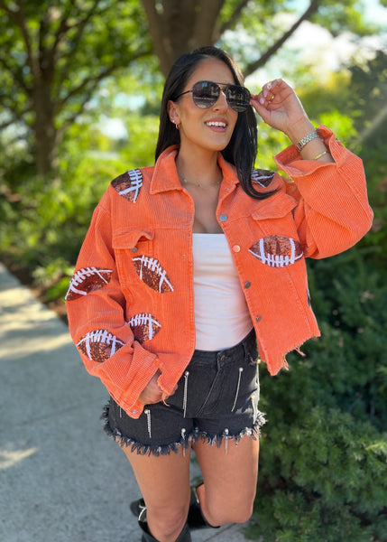 Cheering You On Vintage Orange Sequin Football Corduroy Jacket