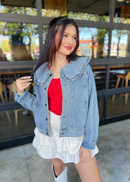 Little Bit Extra Denim Ruffle Collared Jacket