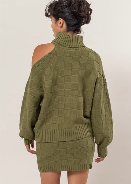 Better With You Checkered Open Shoulder Olive Sweater 2 Pc Skirt Set - LARGE