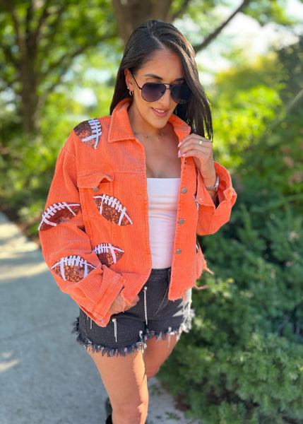 Cheering You On Vintage Orange Sequin Football Corduroy Jacket