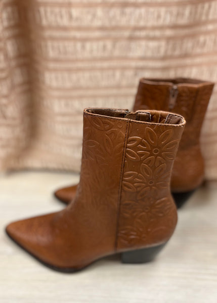 Matisse Caty Cognac Floral Embossed Leather Bootie