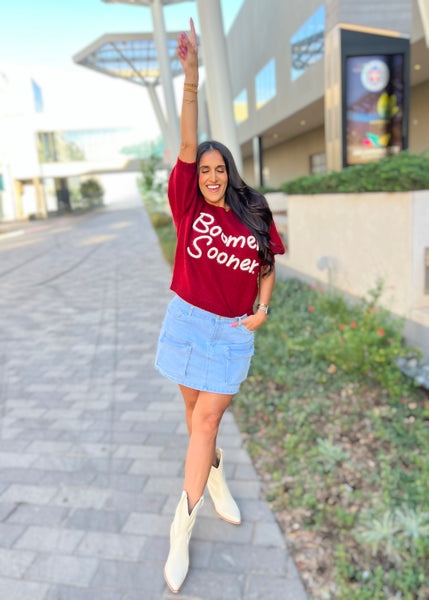 "Boomer Sooner" CRIMSON Stadium Sweater Top with White Lettering