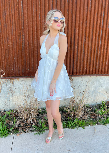 Cinderella Kisses White 3D Flower Mini Dress