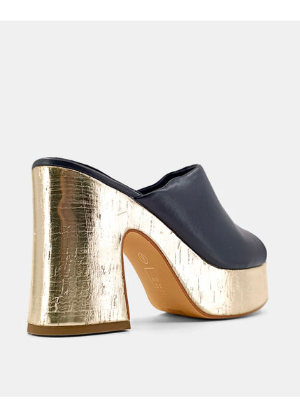 Shu Shop Glenda Black/Gold Chunky Heel Sandal