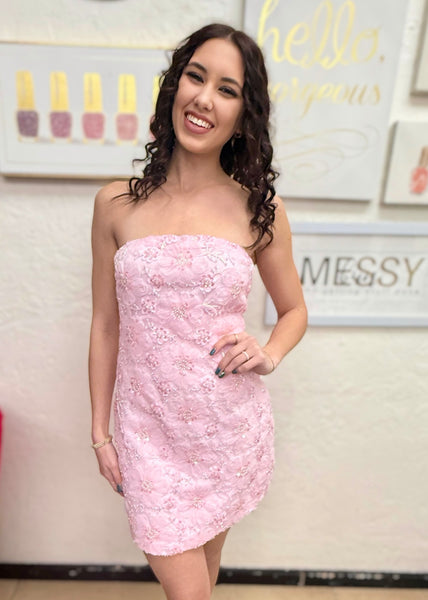 It's My Party Pink Strapless Sequin & Beaded Mini Dress