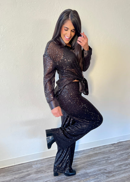 Born To Shine Wide Leg Black Sequin Pants