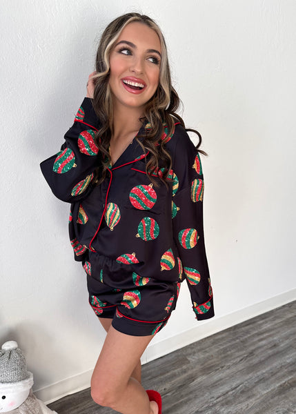 Christmas Ornament Satin Black Pajama Set