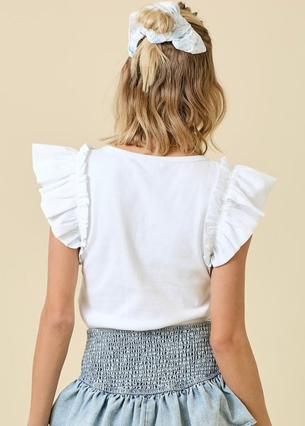 I See White Ribbed Ruffle Sleeve Top