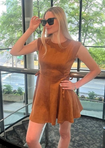 It's Just Right Camel Colored Fit and Flare Dress
