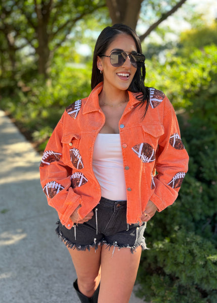 Cheering You On Vintage Orange Sequin Football Corduroy Jacket