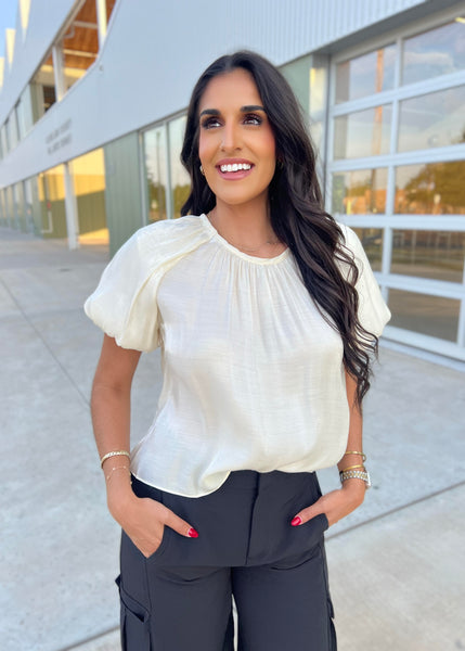 On My Mind Ecru Metallic Bubble Sleeve Top - SMALL