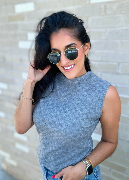 Must Have Sleeveless Mock Neck Grey Knit Top - SMALL