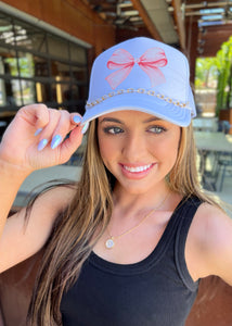 Pink Bow White Trucker Hat With Chain