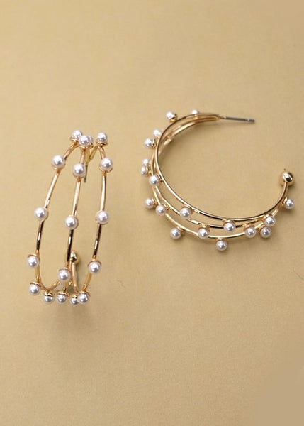 Triple Row Wire Pearl Hoop Earrings