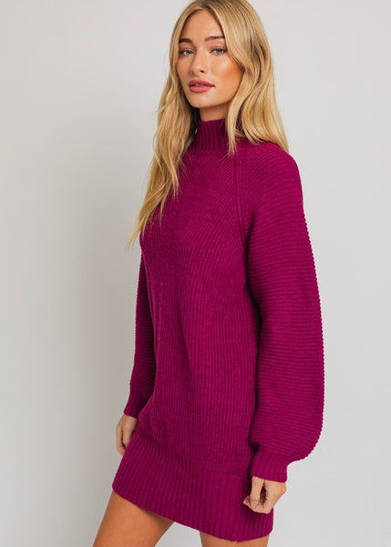 Cozy Season Mock Neck Magenta Sweater Dress