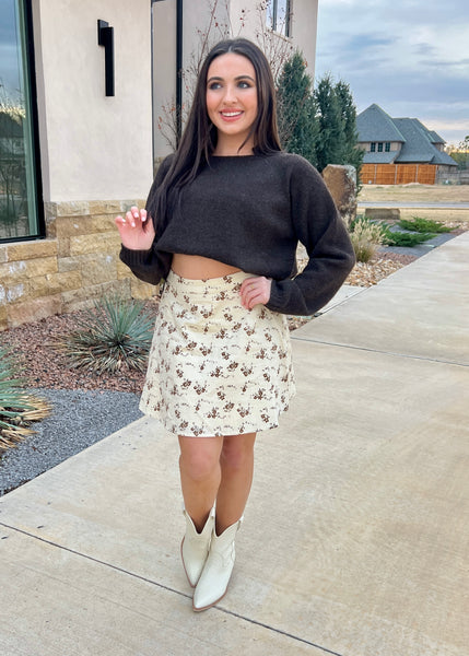 Poppy Fields Floral Cream Corduroy Mini Skirt