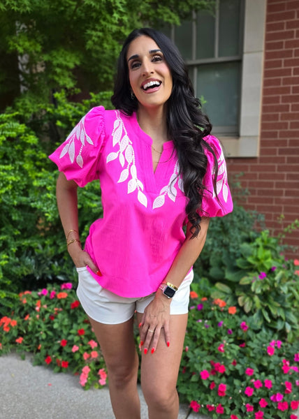 It Girl Hot Pink and White Embroidered Puff Sleeve Top