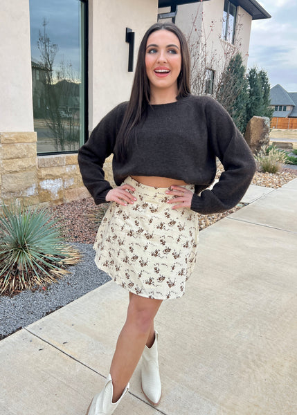 Poppy Fields Floral Cream Corduroy Mini Skirt