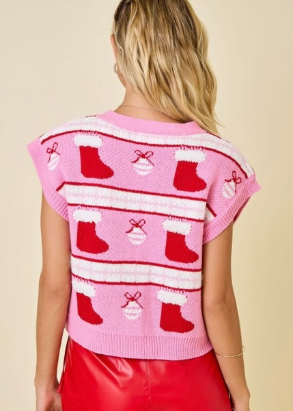 Pink Motive Christmas Patterned Sweater Vest