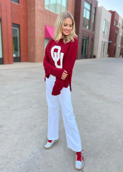 OU  Interlocking Logo Stadium Sweater - Crimson/White