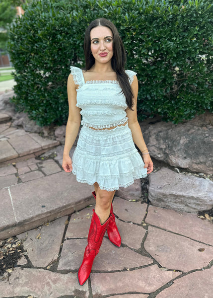 Sunset Serenade White Lace Trim Top & Mini Skirt 2 Pc Set