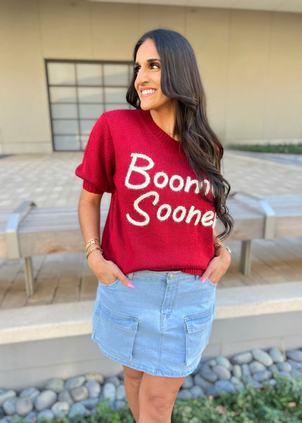 "Boomer Sooner" CRIMSON Stadium Sweater Top with White Lettering