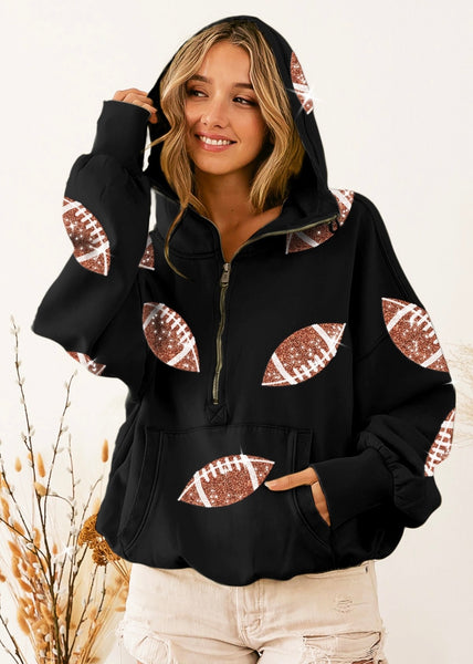 Football Forever Black Half Zip Sequin Hoodie