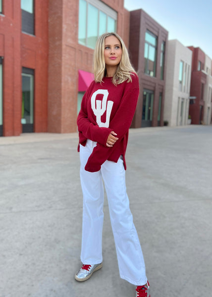 OU  Interlocking Logo Stadium Sweater - Crimson/White