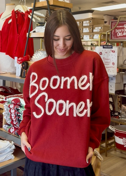 Crimson "Boomer Sooner" Metallic Stitched Fleece Sweatshirt