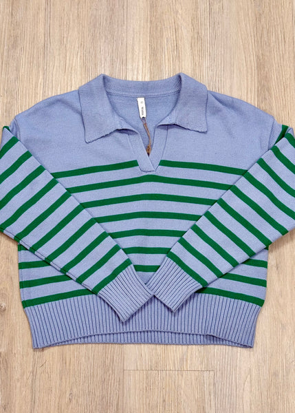 Loose Feelings Stripe Sweater - Sky/Green - LARGE
