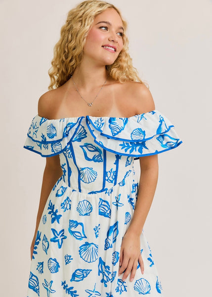 Sand And Seashells Midi Off Shoulder Dress