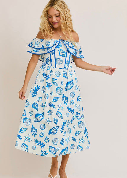 Sand And Seashells Midi Off Shoulder Dress