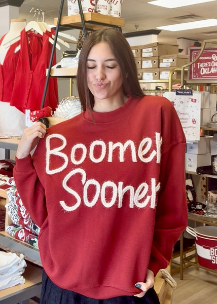 Crimson "Boomer Sooner" Metallic Stitched Fleece Sweatshirt