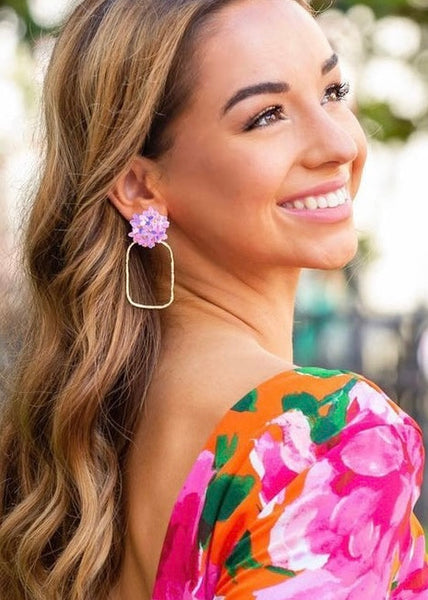 Iridescent Pink Flower Hoop Rectangle Earrings