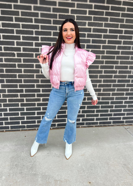 Baby I Want You Pink Metallic Ruffle Sleeve Puffer Vest