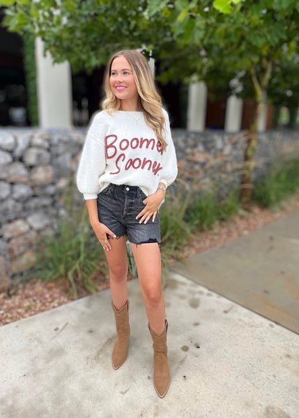 Boomer Sooner" WHITE Stadium Sweater Top with Crimson Lettering