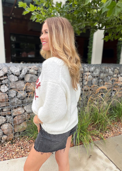 Boomer Sooner" WHITE Stadium Sweater Top with Crimson Lettering