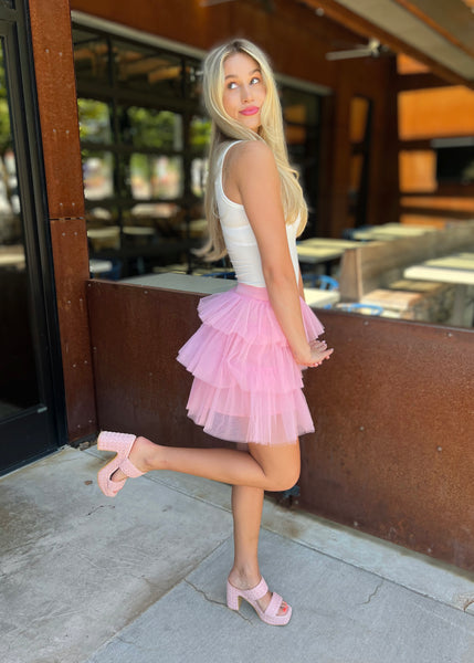 Hello Barbie Pink Tiered Mesh Mini Skirt