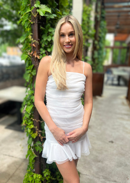 Follow Your Heart White Ruched Mini Dress