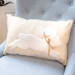 Leaping Bunny Embroidered Lumbar Pillow,Soft White/White