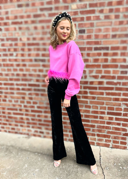 Play It Up Black Velvet Full Length Flare Pant