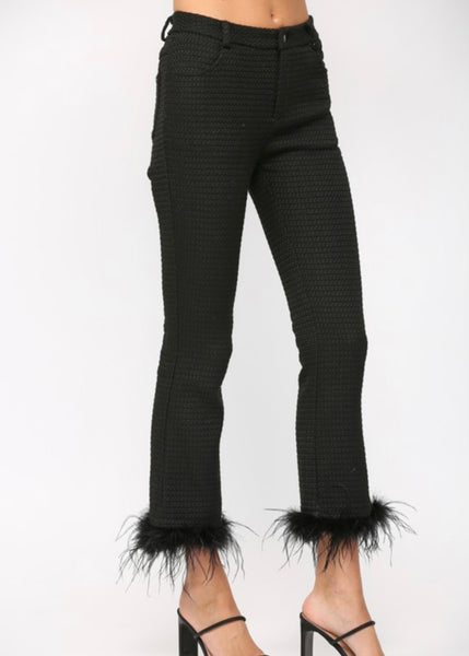 Not Only In Paris Feather Trim Black Flare Pants