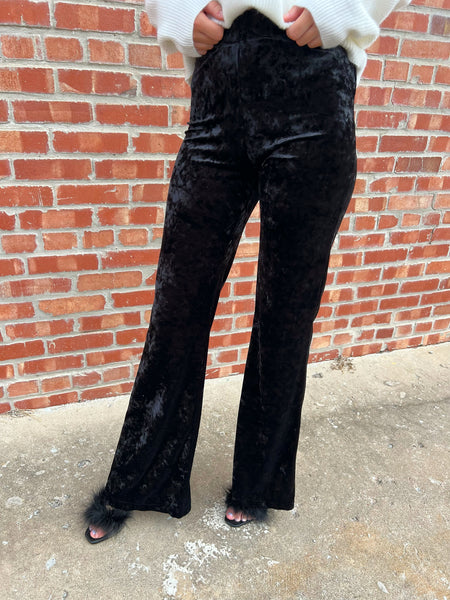 Play It Up Black Velvet Full Length Flare Pant